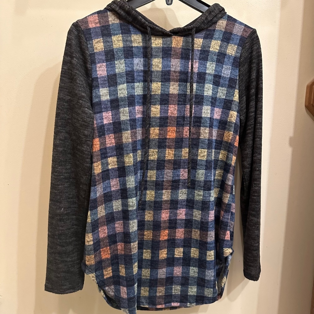 VIAMOR Women’s Lightweight Checkered Hoodie Multicolor/Grey S NWT